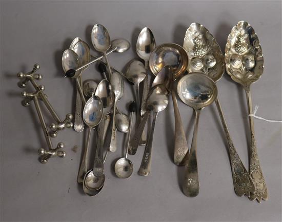 A pair of George III silver berry spoons, a set of six Georgian silver teaspoons, a pair of silver sauce ladles etc.